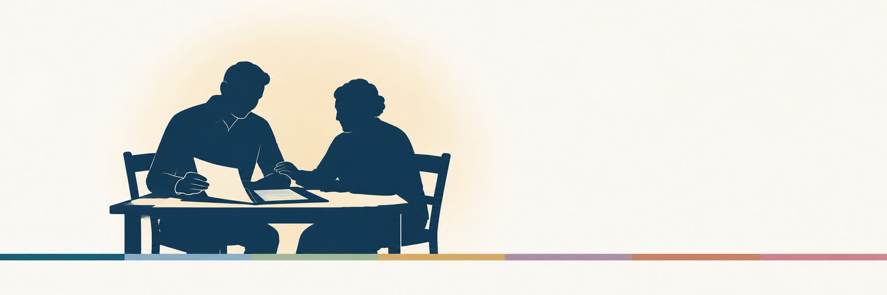 Illustration: an adult son and his elderly mother sitting at a kitchen table, going through a folder of papers together